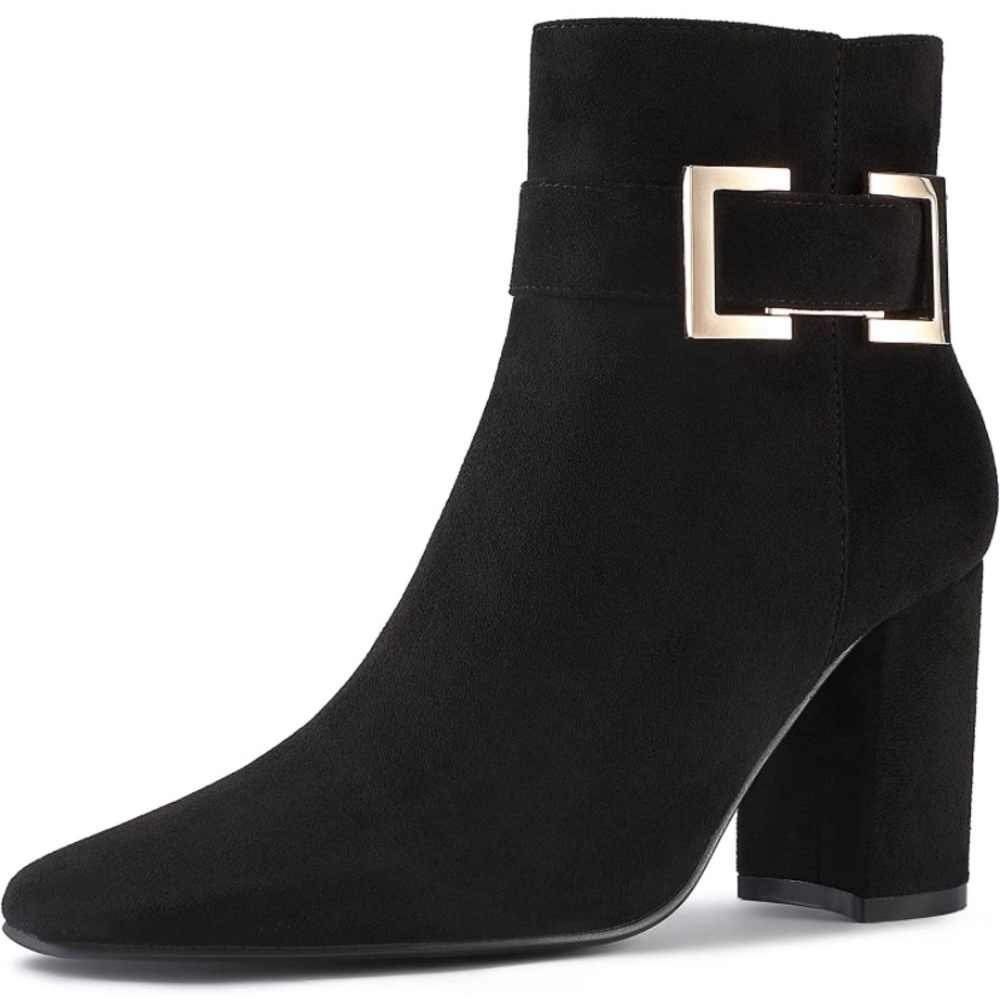 New syztsho Women's Suede Heels Booties Square Toe Chunky Heel